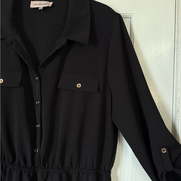 Black Notched Collar Long Sleeve Shirt Dress - Picture 2 of 4